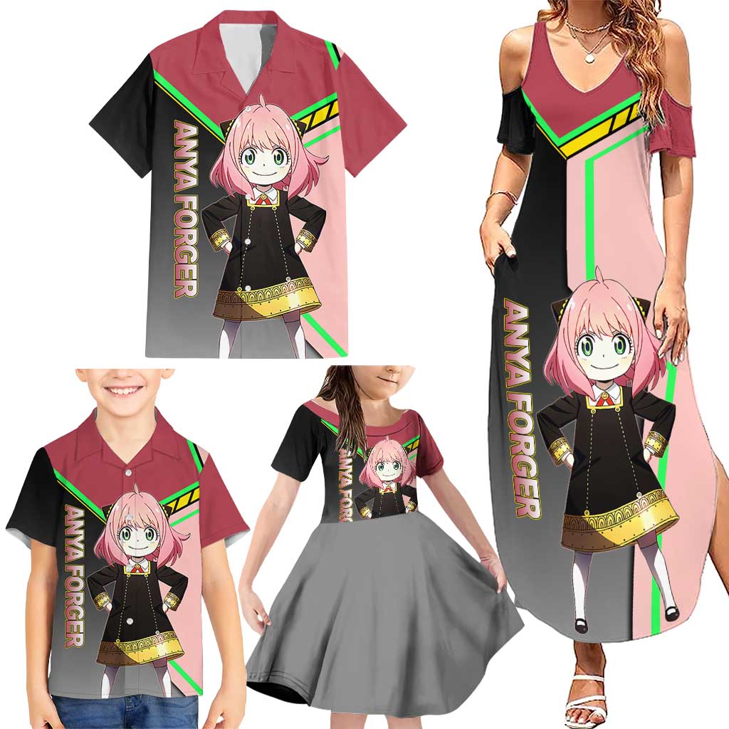 Anya Forger Spy x Family Pink and Black Theme Family Matching Summer Maxi Dress and Hawaiian Shirt with Cheerful Pose and Cartoon Style Accents