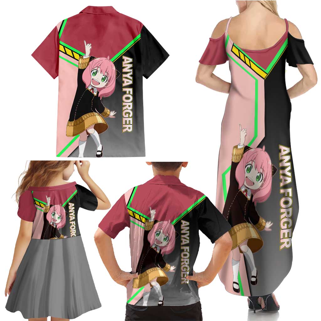 Anya Forger Spy x Family Pink and Black Theme Family Matching Summer Maxi Dress and Hawaiian Shirt with Cheerful Pose and Cartoon Style Accents
