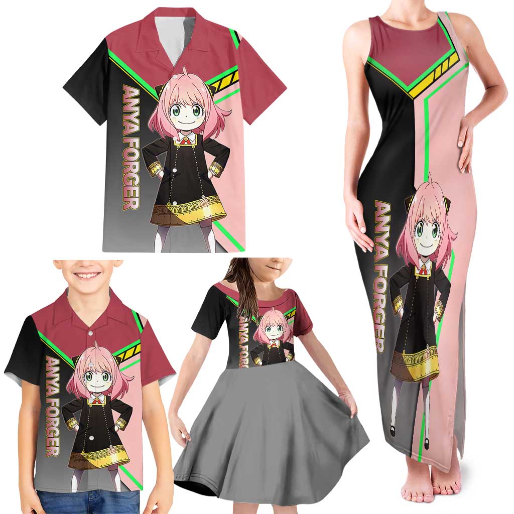 Anya Forger Spy x Family Pink and Black Theme Family Matching Tank Maxi Dress and Hawaiian Shirt with Cheerful Pose and Cartoon Style Accents