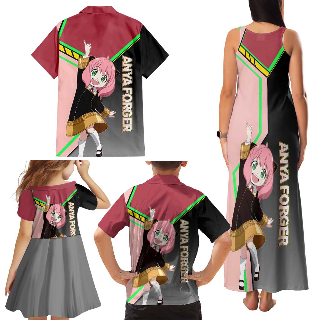 Anya Forger Spy x Family Pink and Black Theme Family Matching Tank Maxi Dress and Hawaiian Shirt with Cheerful Pose and Cartoon Style Accents