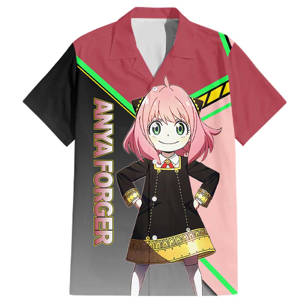 Anya Forger Spy x Family Pink and Black Theme Family Matching Tank Maxi Dress and Hawaiian Shirt with Cheerful Pose and Cartoon Style Accents
