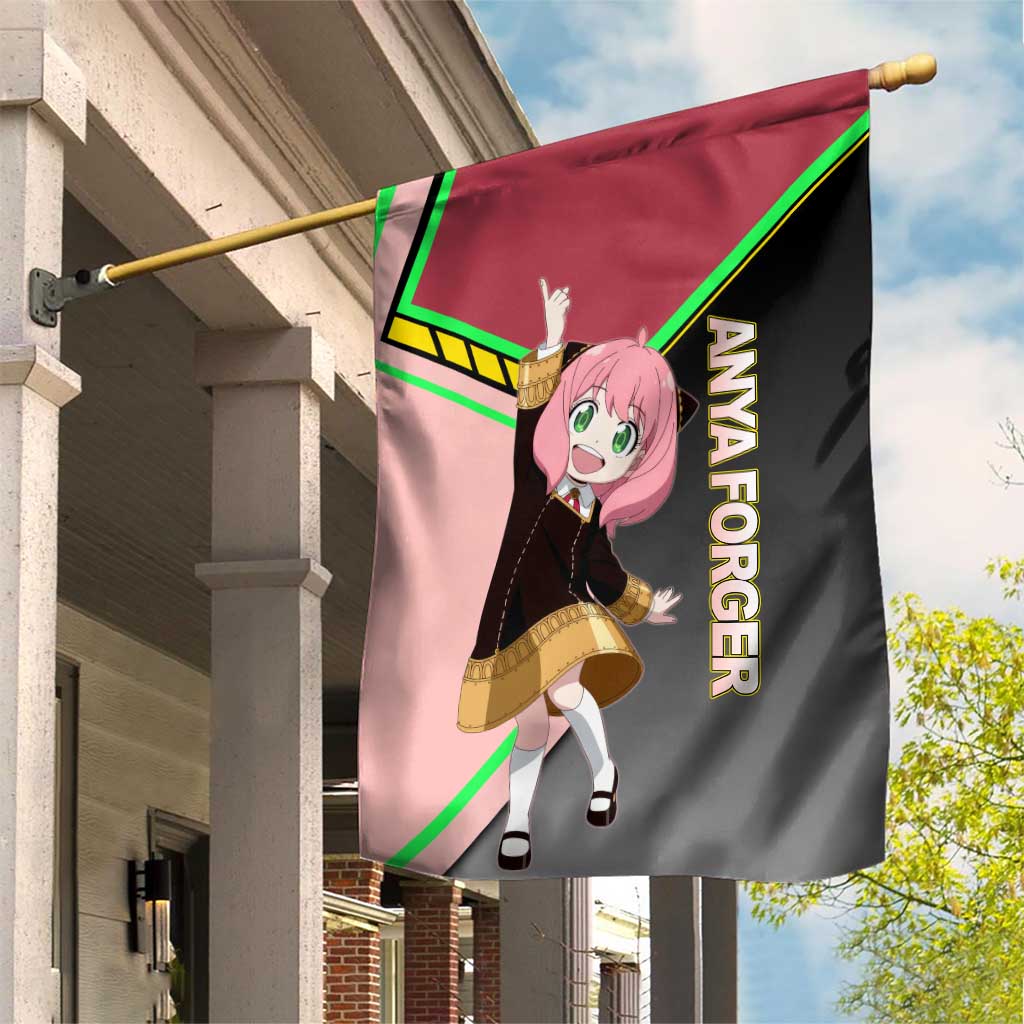 Anya Forger Spy x Family Pink and Black Theme Garden Flag with Cheerful Pose and Cartoon Style Accents - The Mazicc