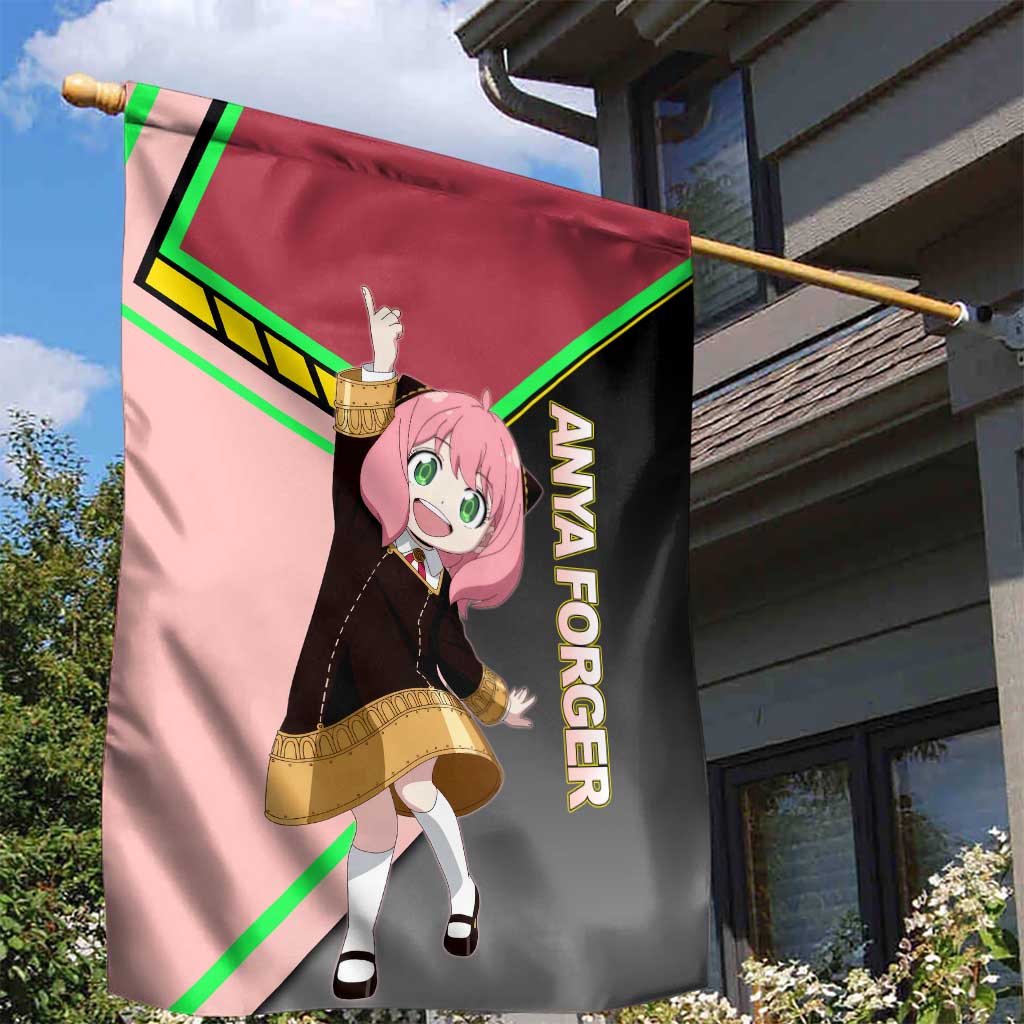Anya Forger Spy x Family Pink and Black Theme Garden Flag with Cheerful Pose and Cartoon Style Accents - The Mazicc