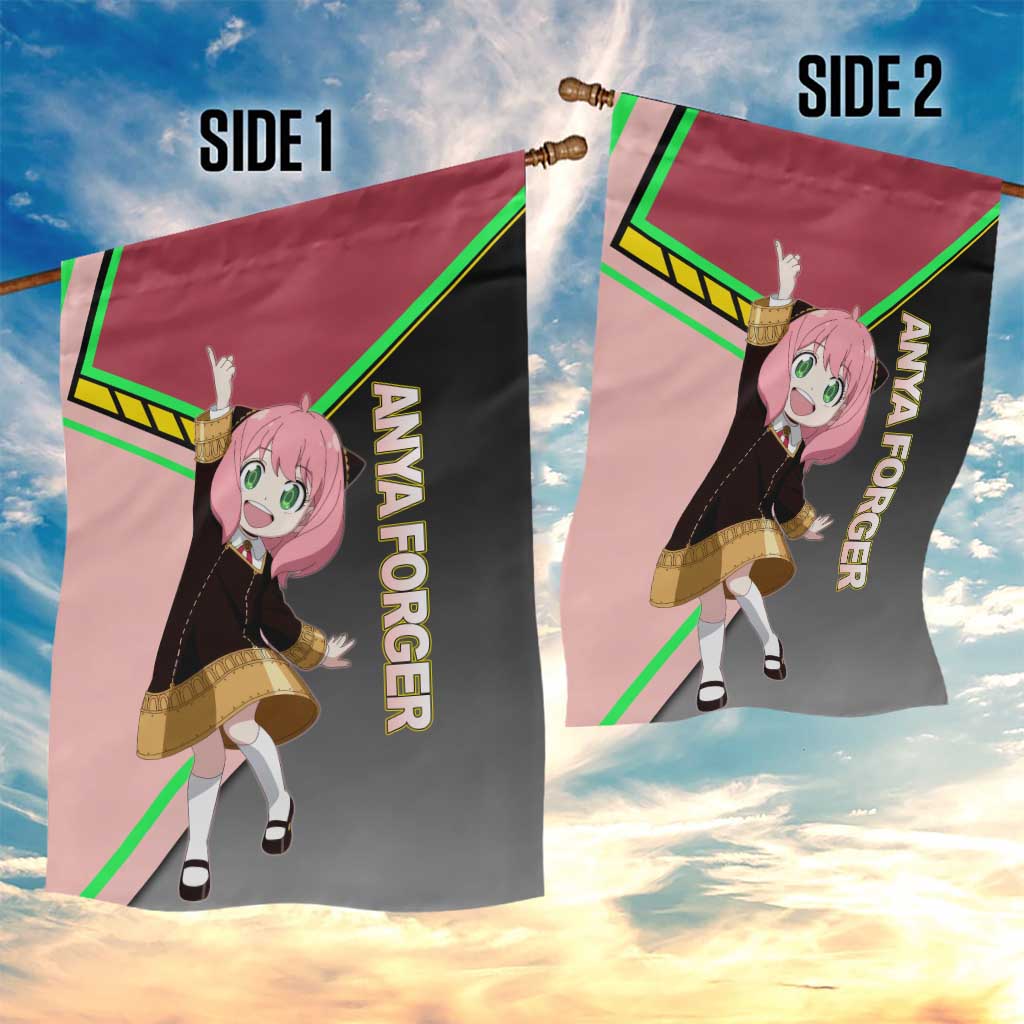 Anya Forger Spy x Family Pink and Black Theme Garden Flag with Cheerful Pose and Cartoon Style Accents - The Mazicc