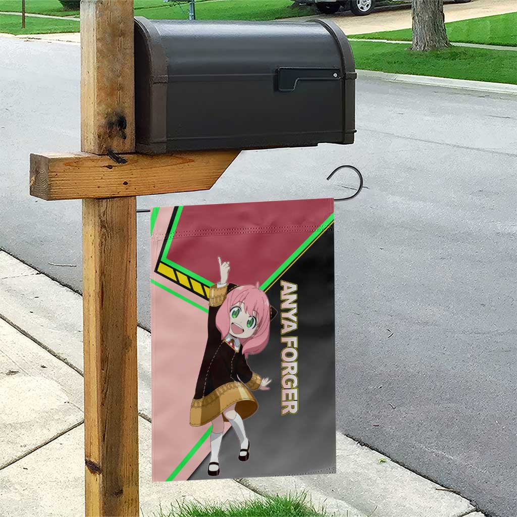 Anya Forger Spy x Family Pink and Black Theme Garden Flag with Cheerful Pose and Cartoon Style Accents - The Mazicc