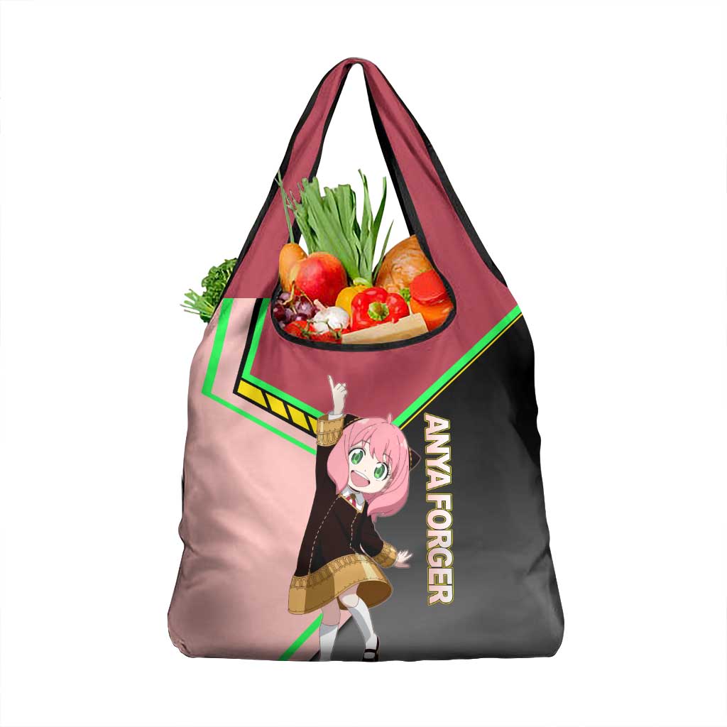 Anya Forger Spy x Family Pink and Black Theme Grocery Bag with Cheerful Pose and Cartoon Style Accents - The Mazicc