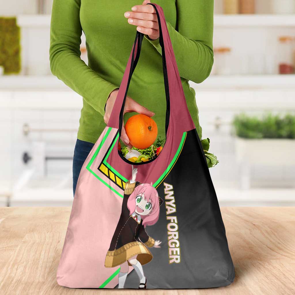 Anya Forger Spy x Family Pink and Black Theme Grocery Bag with Cheerful Pose and Cartoon Style Accents - The Mazicc
