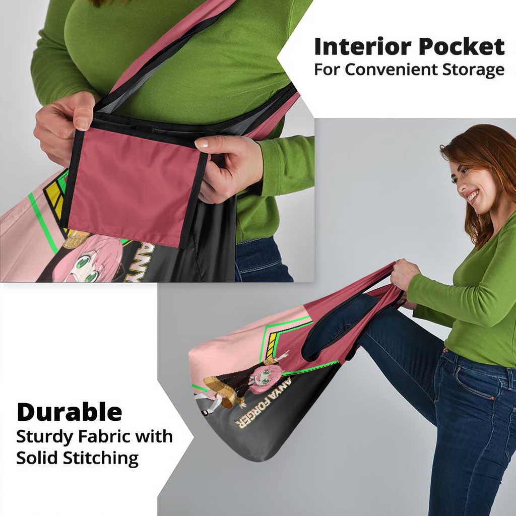Anya Forger Spy x Family Pink and Black Theme Grocery Bag with Cheerful Pose and Cartoon Style Accents - The Mazicc