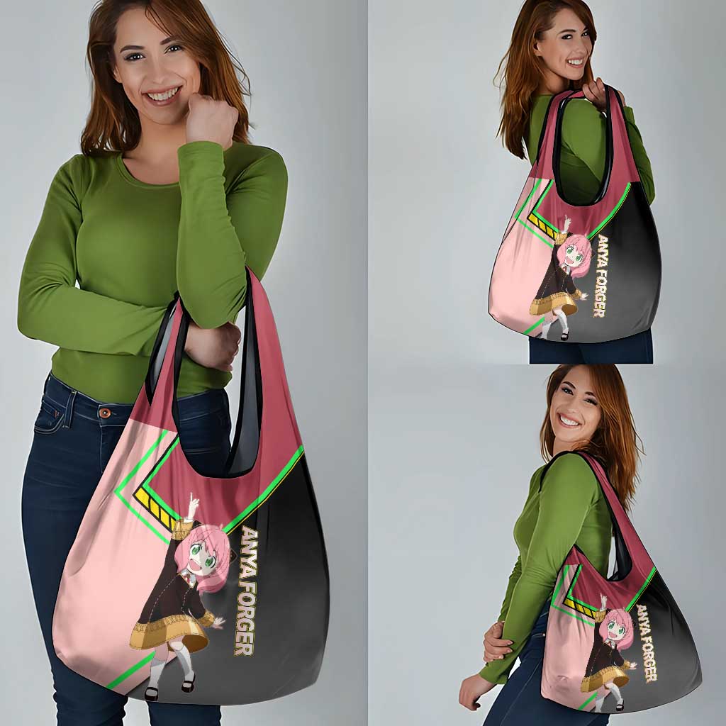 Anya Forger Spy x Family Pink and Black Theme Grocery Bag with Cheerful Pose and Cartoon Style Accents - The Mazicc