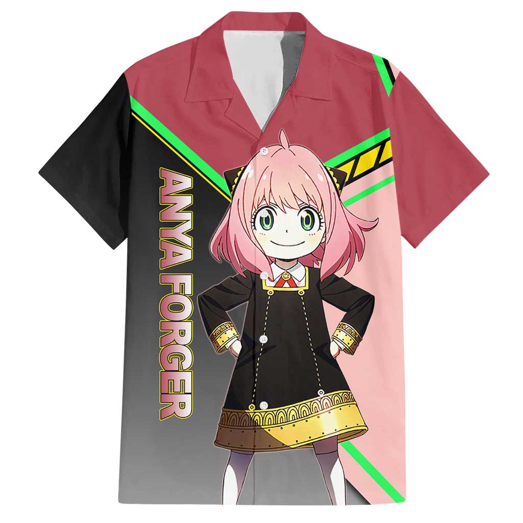 Anya Forger Spy x Family Pink and Black Theme Hawaiian Shirt with Cheerful Pose and Cartoon Style Accents - The Mazicc