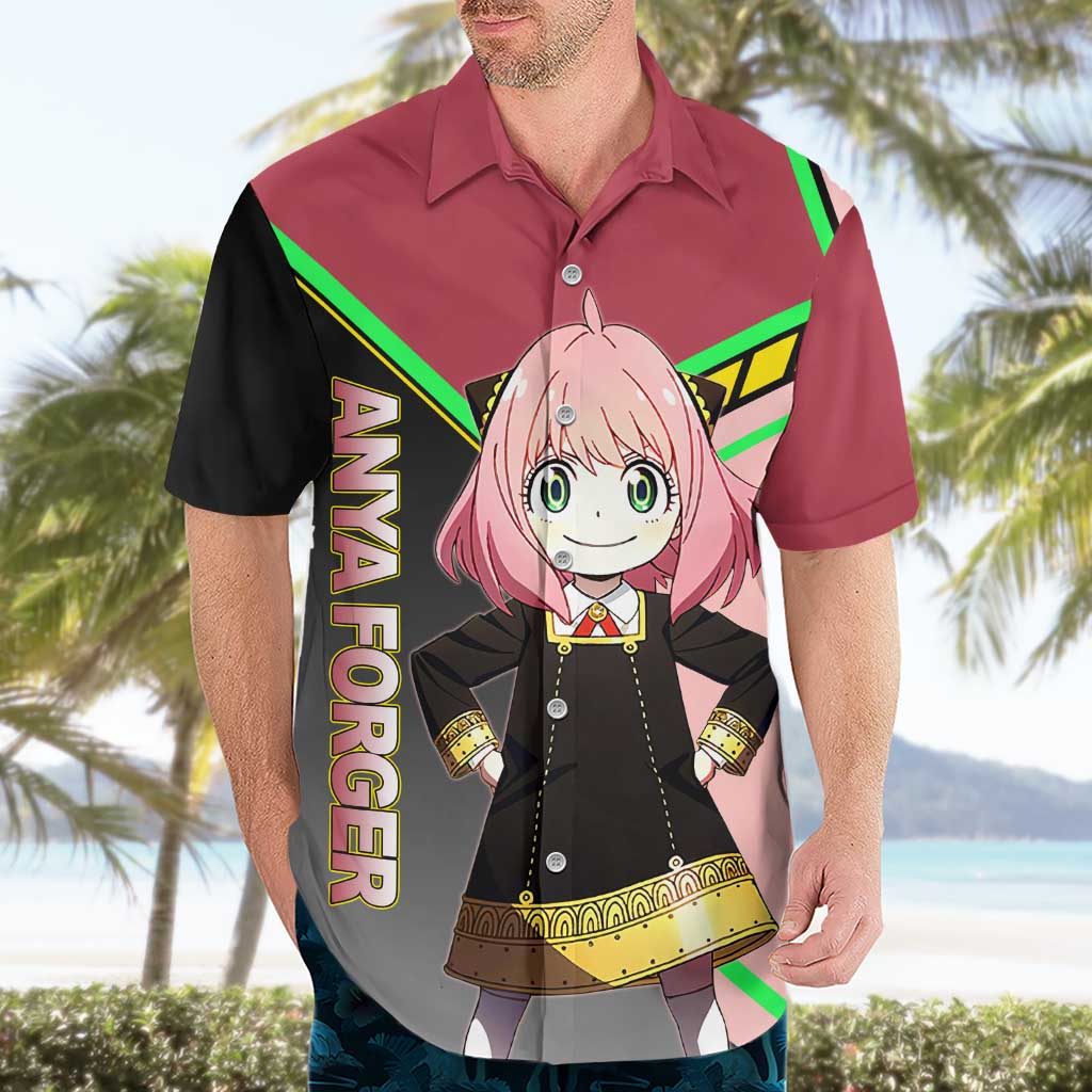 Anya Forger Spy x Family Pink and Black Theme Hawaiian Shirt with Cheerful Pose and Cartoon Style Accents - The Mazicc