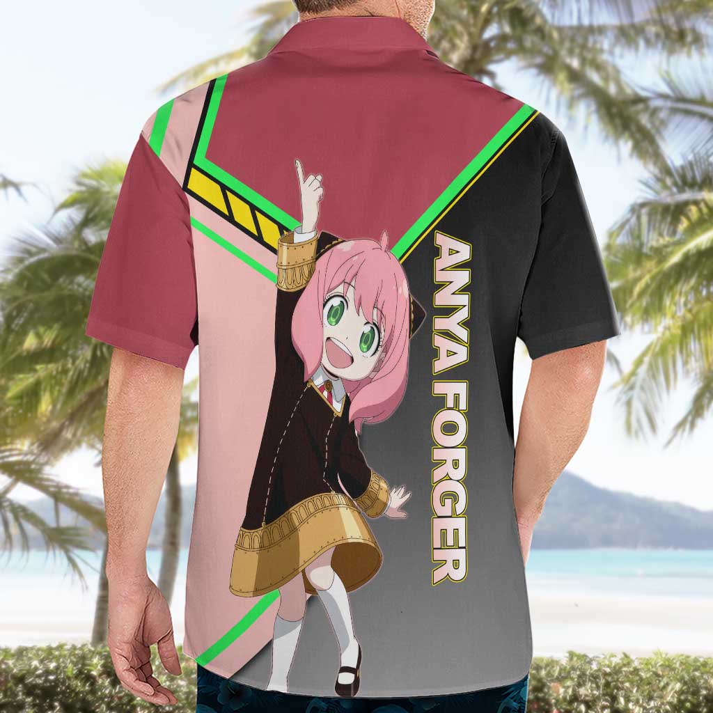 Anya Forger Spy x Family Pink and Black Theme Hawaiian Shirt with Cheerful Pose and Cartoon Style Accents - The Mazicc