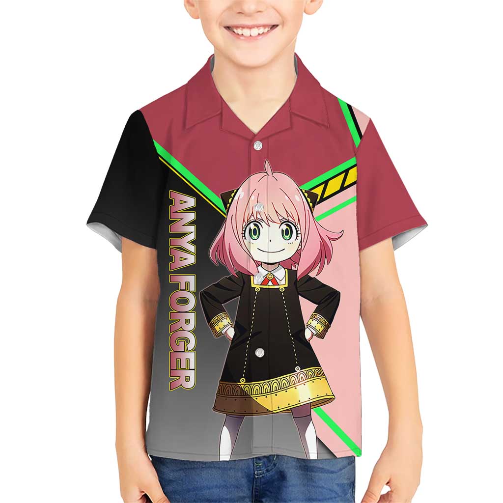 Anya Forger Spy x Family Pink and Black Theme Hawaiian Shirt with Cheerful Pose and Cartoon Style Accents - The Mazicc