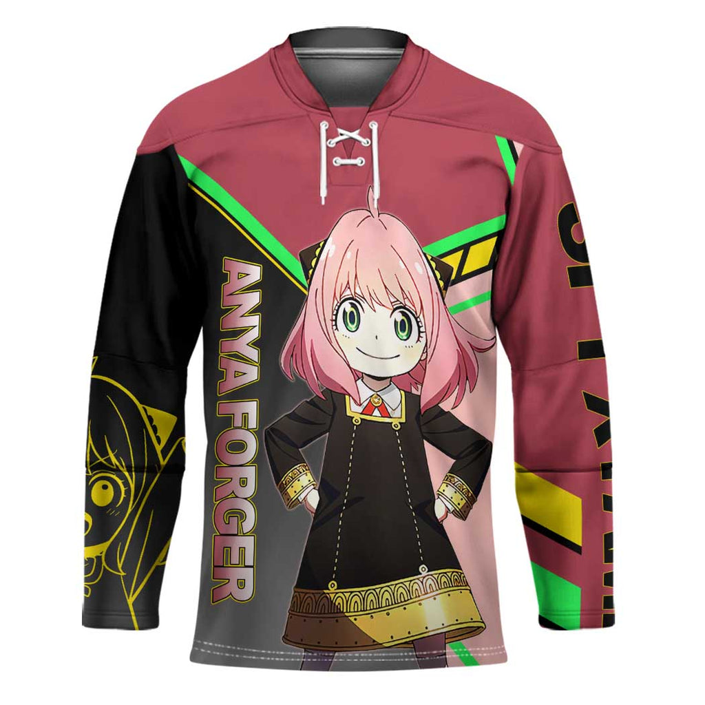 Anya Forger Spy x Family Pink and Black Theme Hockey Jersey with Cheerful Pose and Cartoon Style Accents - The Mazicc