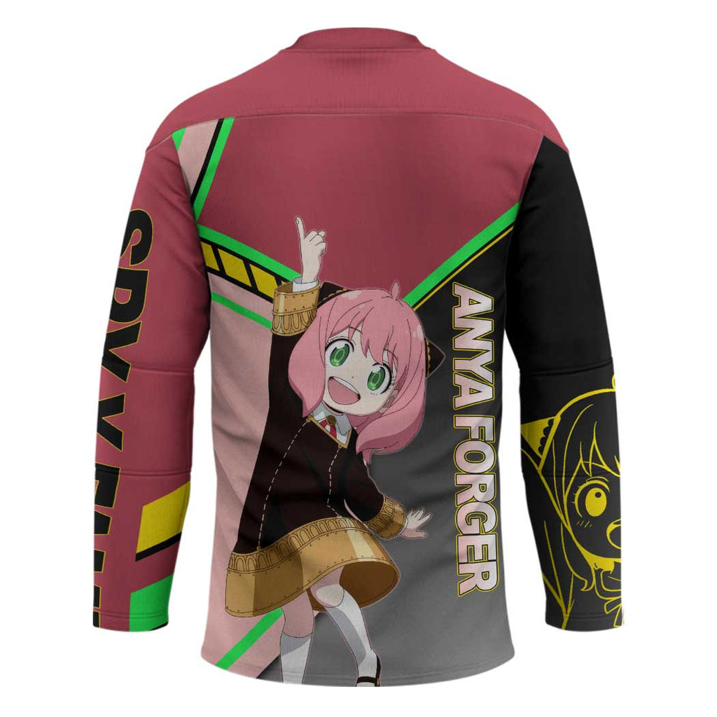 Anya Forger Spy x Family Pink and Black Theme Hockey Jersey with Cheerful Pose and Cartoon Style Accents - The Mazicc