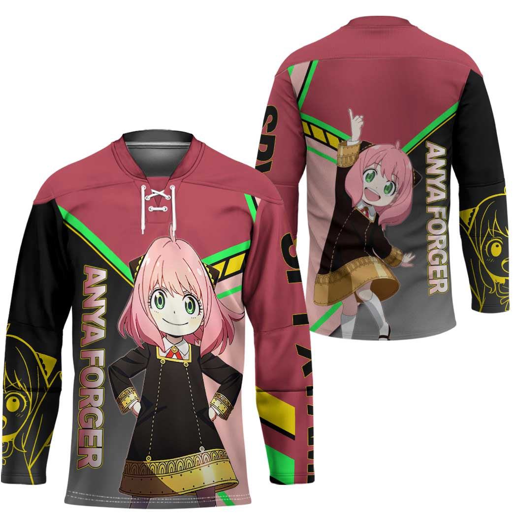 Anya Forger Spy x Family Pink and Black Theme Hockey Jersey with Cheerful Pose and Cartoon Style Accents - The Mazicc