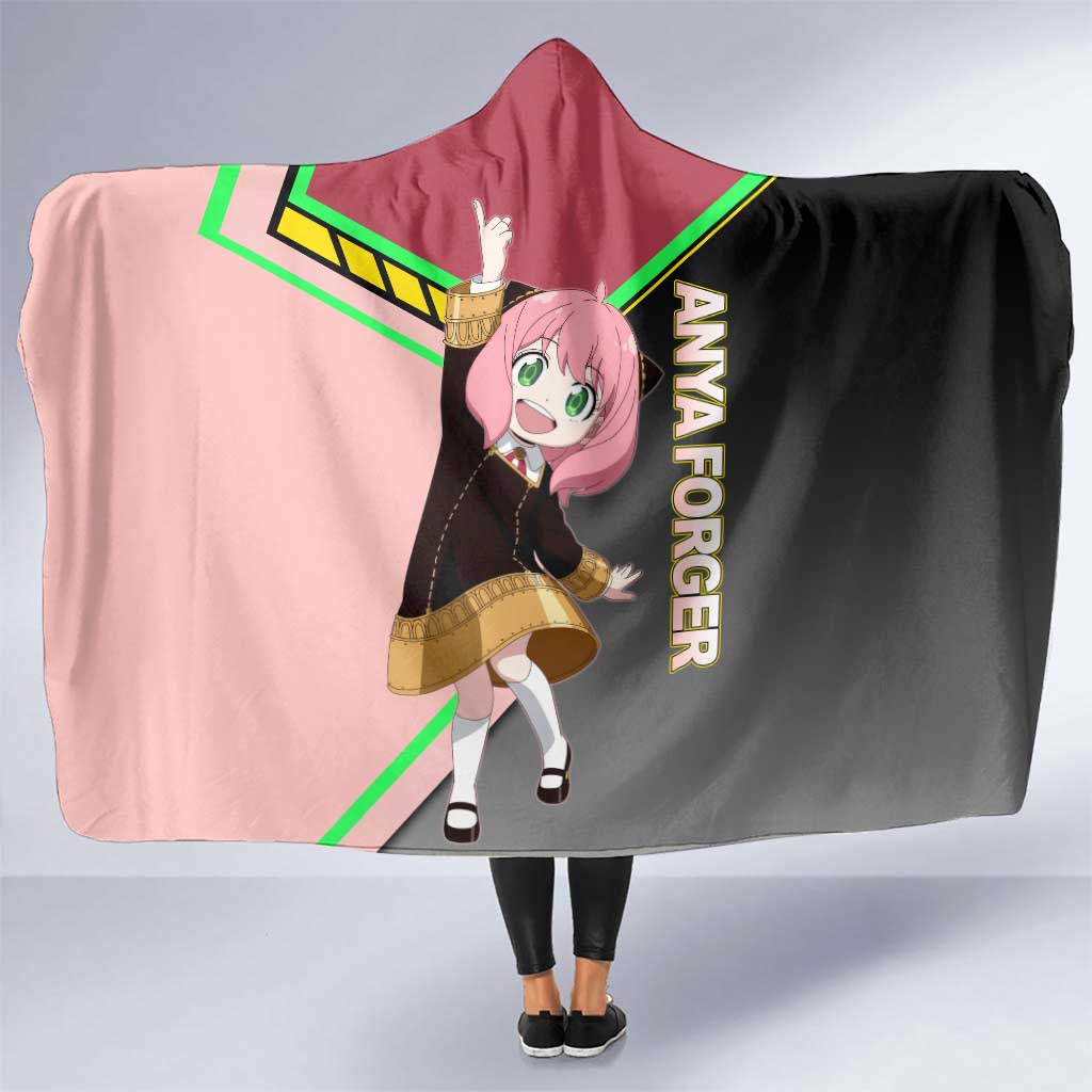 Anya Forger Spy x Family Pink and Black Theme Hooded Blanket with Cheerful Pose and Cartoon Style Accents - The Mazicc