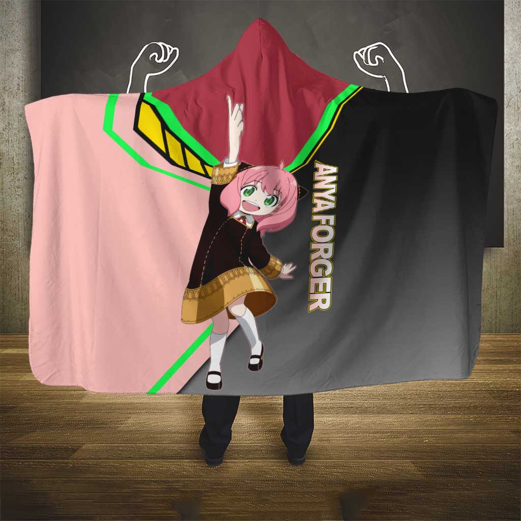 Anya Forger Spy x Family Pink and Black Theme Hooded Blanket with Cheerful Pose and Cartoon Style Accents - The Mazicc