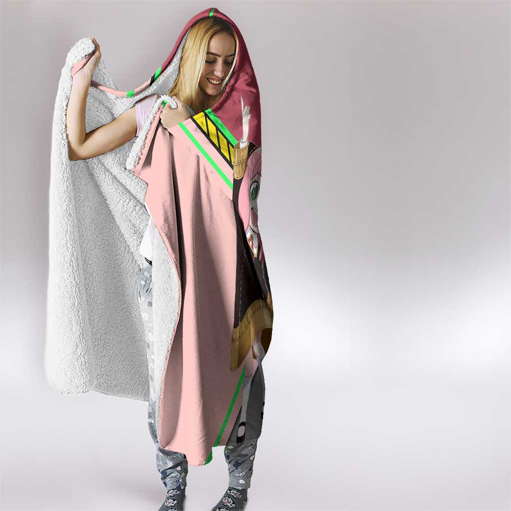 Anya Forger Spy x Family Pink and Black Theme Hooded Blanket with Cheerful Pose and Cartoon Style Accents - The Mazicc