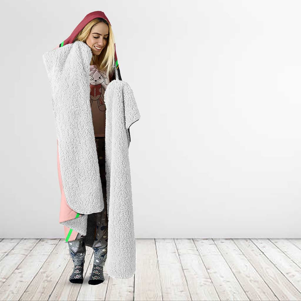 Anya Forger Spy x Family Pink and Black Theme Hooded Blanket with Cheerful Pose and Cartoon Style Accents - The Mazicc