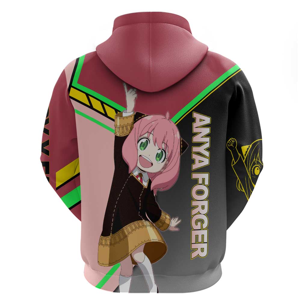 Anya Forger Spy x Family Pink and Black Theme Hoodie with Cheerful Pose and Cartoon Style Accents - The Mazicc