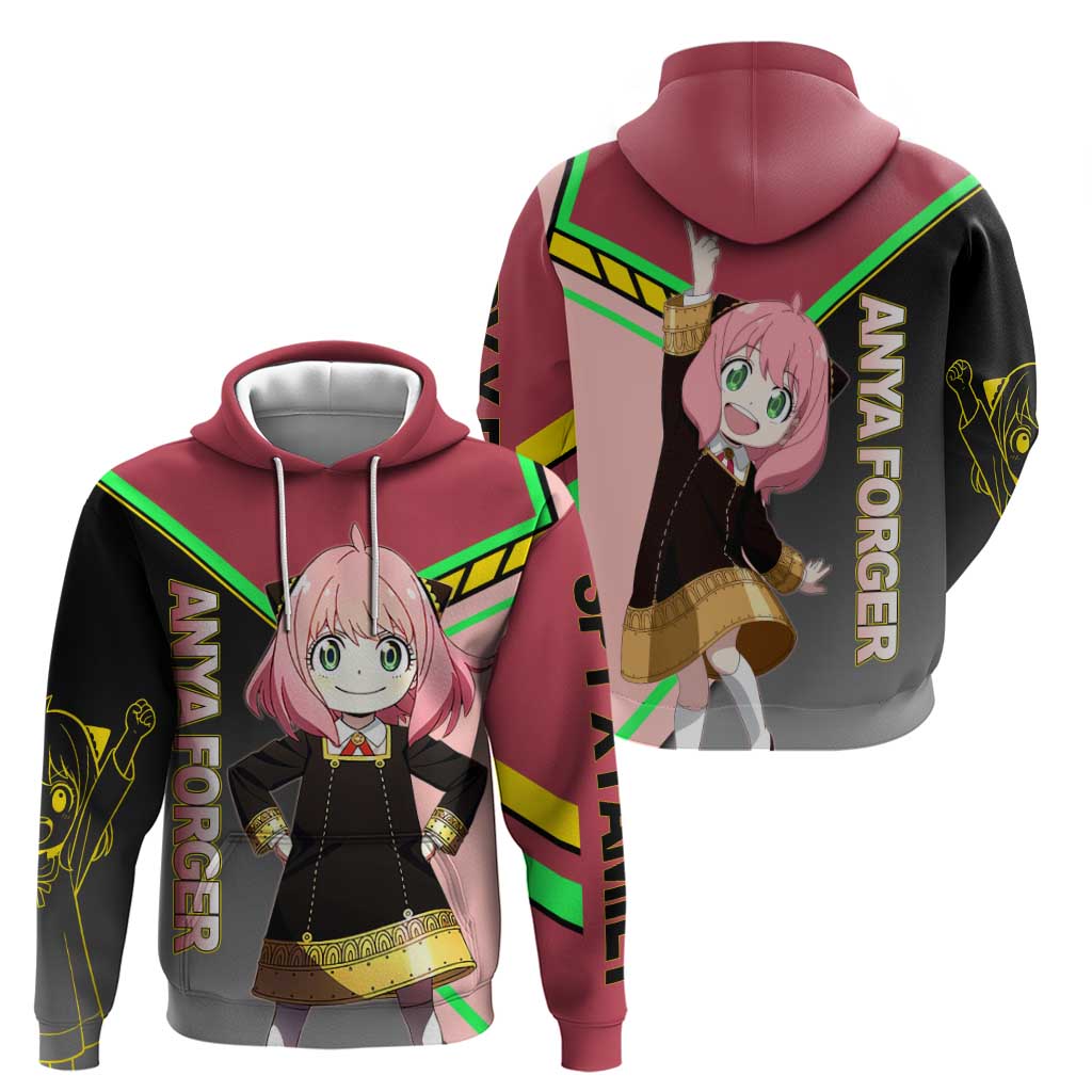 Anya Forger Spy x Family Pink and Black Theme Hoodie with Cheerful Pose and Cartoon Style Accents - The Mazicc