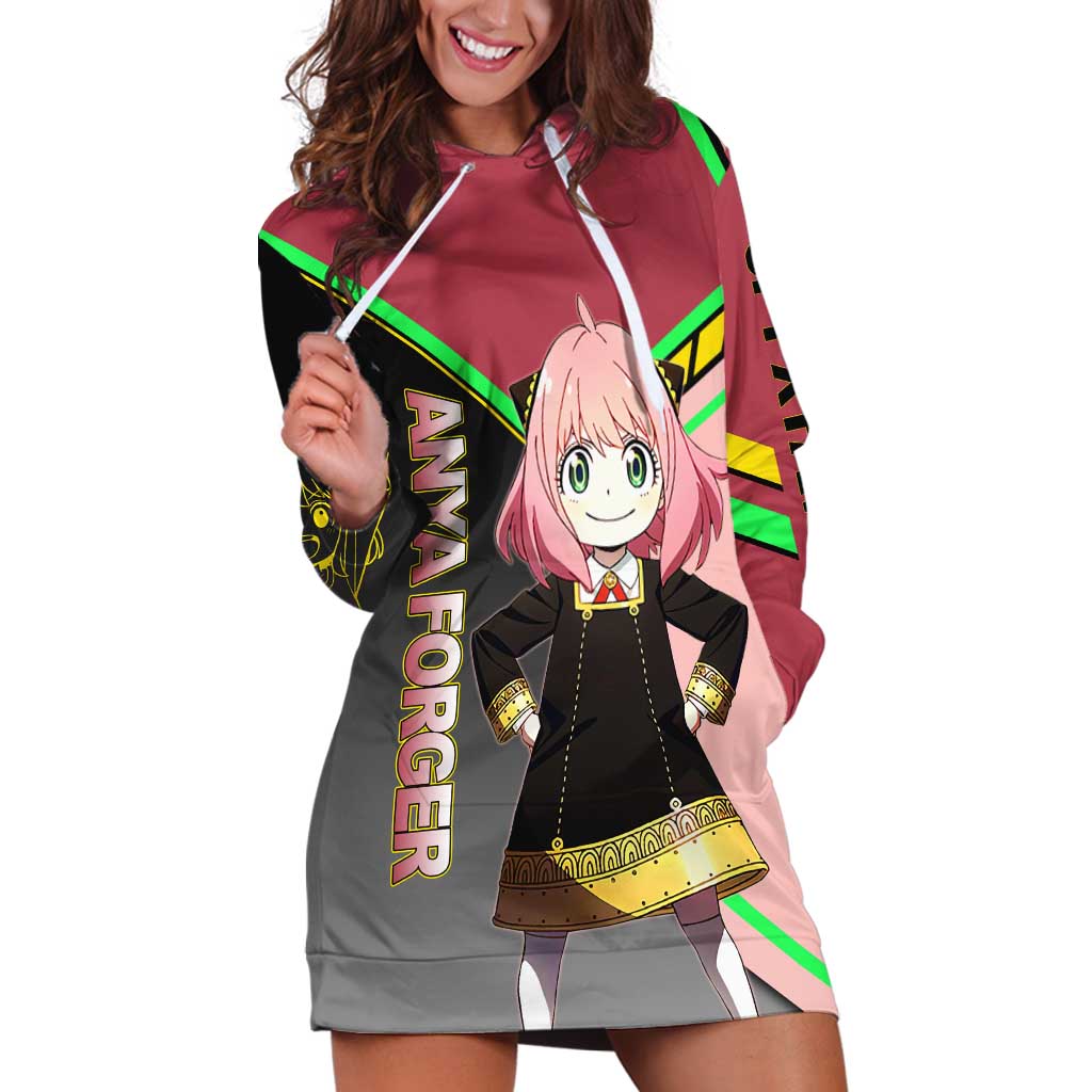 Anya Forger Spy x Family Pink and Black Theme Hoodie Dress with Cheerful Pose and Cartoon Style Accents - The Mazicc