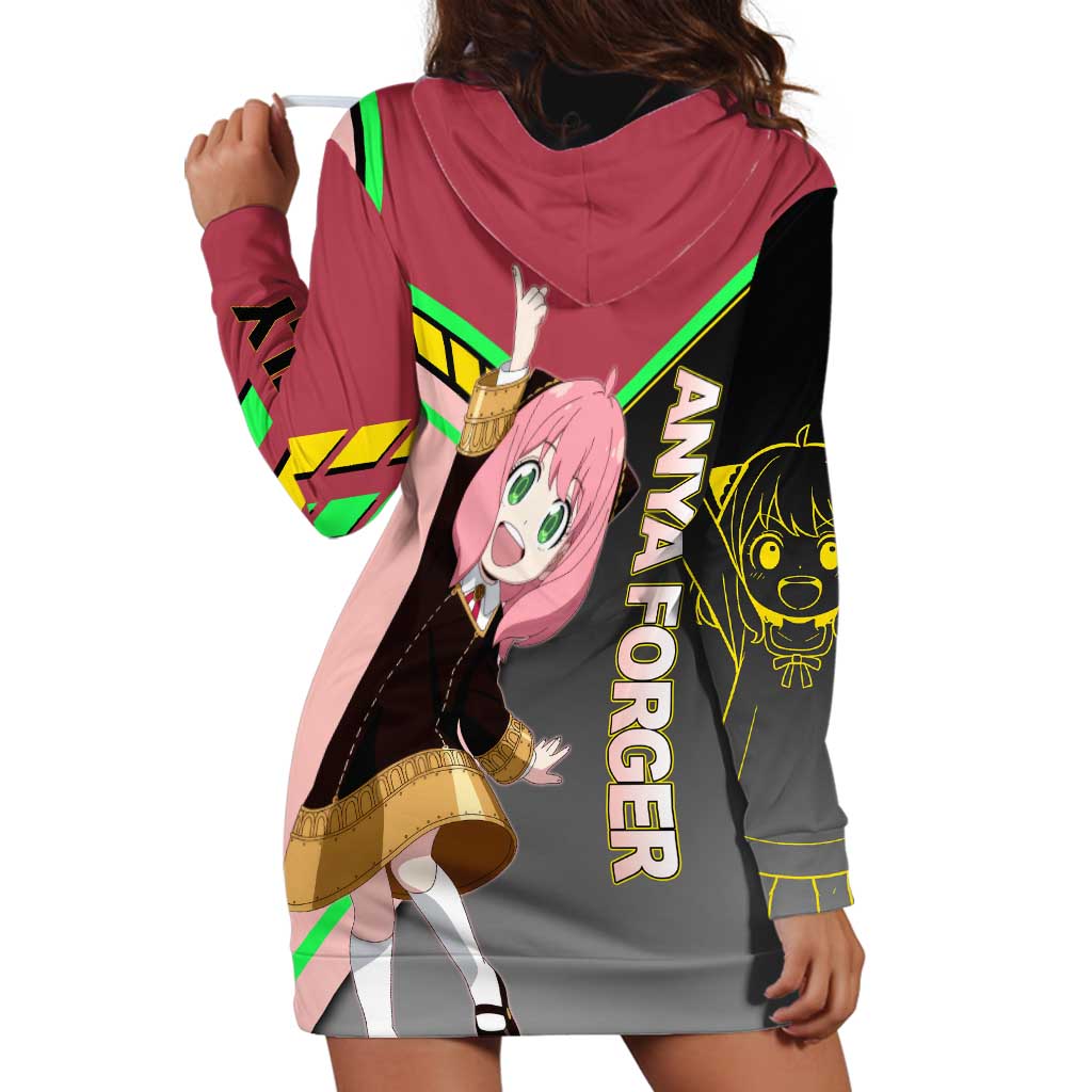 Anya Forger Spy x Family Pink and Black Theme Hoodie Dress with Cheerful Pose and Cartoon Style Accents - The Mazicc
