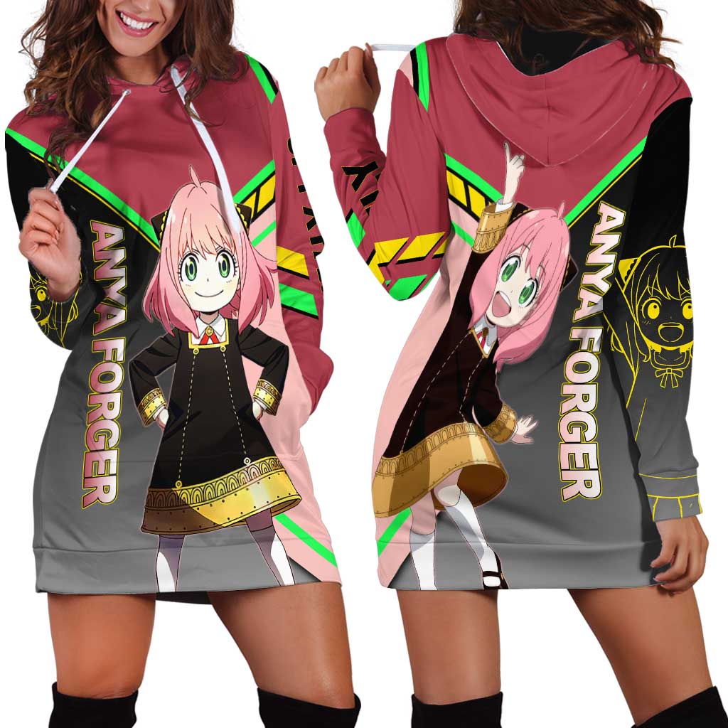 Anya Forger Spy x Family Pink and Black Theme Hoodie Dress with Cheerful Pose and Cartoon Style Accents - The Mazicc