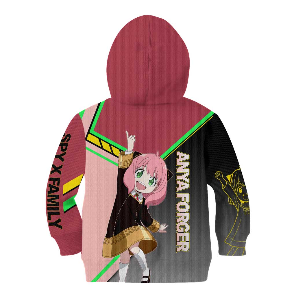 Anya Forger Spy x Family Pink and Black Theme Kid Hoodie with Cheerful Pose and Cartoon Style Accents - The Mazicc