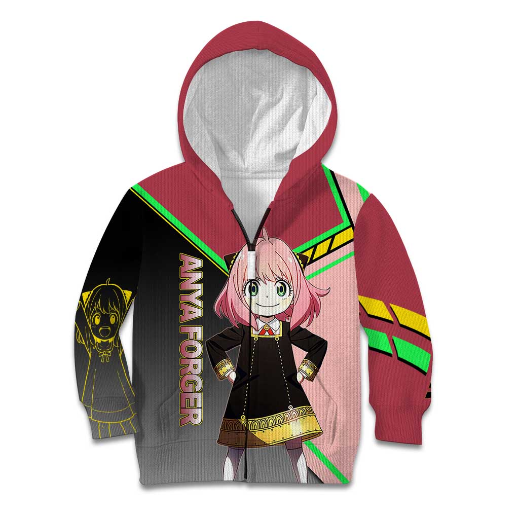Anya Forger Spy x Family Pink and Black Theme Kid Hoodie with Cheerful Pose and Cartoon Style Accents - The Mazicc
