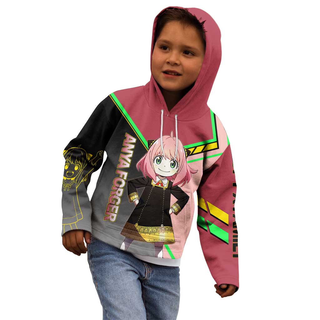 Anya Forger Spy x Family Pink and Black Theme Kid Hoodie with Cheerful Pose and Cartoon Style Accents - The Mazicc