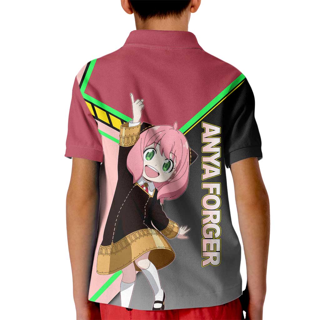 Anya Forger Spy x Family Pink and Black Theme Kid Polo Shirt with Cheerful Pose and Cartoon Style Accents - The Mazicc