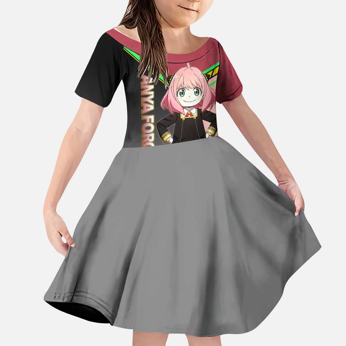 Anya Forger Spy x Family Pink and Black Theme Kid Short Sleeve Dress with Cheerful Pose and Cartoon Style Accents - The Mazicc