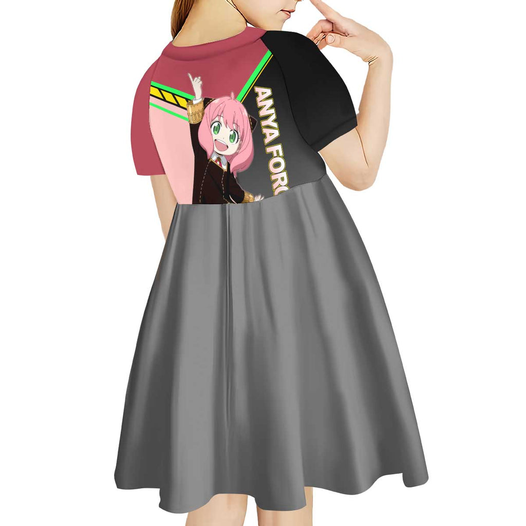 Anya Forger Spy x Family Pink and Black Theme Kid Short Sleeve Dress with Cheerful Pose and Cartoon Style Accents - The Mazicc