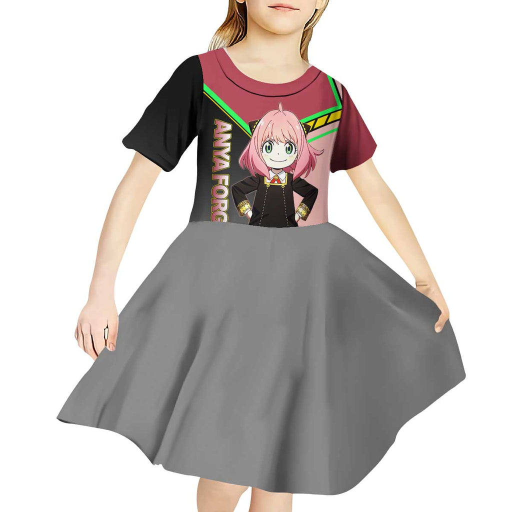 Anya Forger Spy x Family Pink and Black Theme Kid Short Sleeve Dress with Cheerful Pose and Cartoon Style Accents - The Mazicc