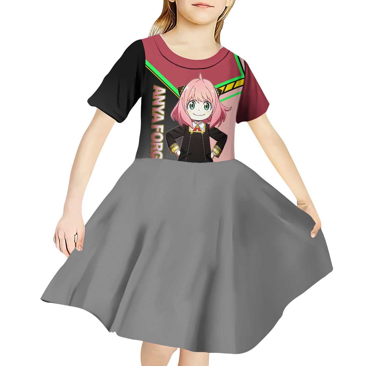 Anya Forger Spy x Family Pink and Black Theme Kid Short Sleeve Dress with Cheerful Pose and Cartoon Style Accents - The Mazicc