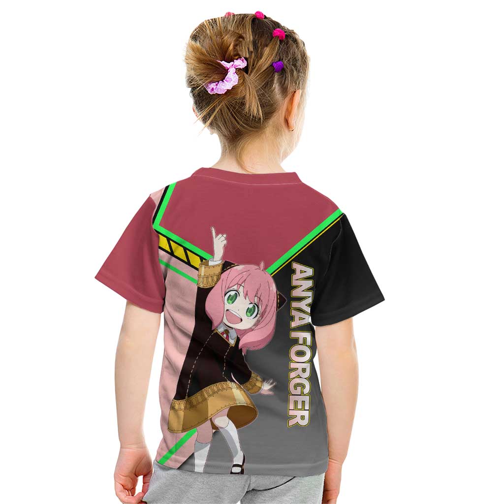 Anya Forger Spy x Family Pink and Black Theme Kid T Shirt with Cheerful Pose and Cartoon Style Accents - The Mazicc