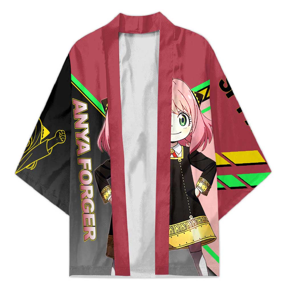 Anya Forger Spy x Family Pink and Black Theme Kimono with Cheerful Pose and Cartoon Style Accents - The Mazicc
