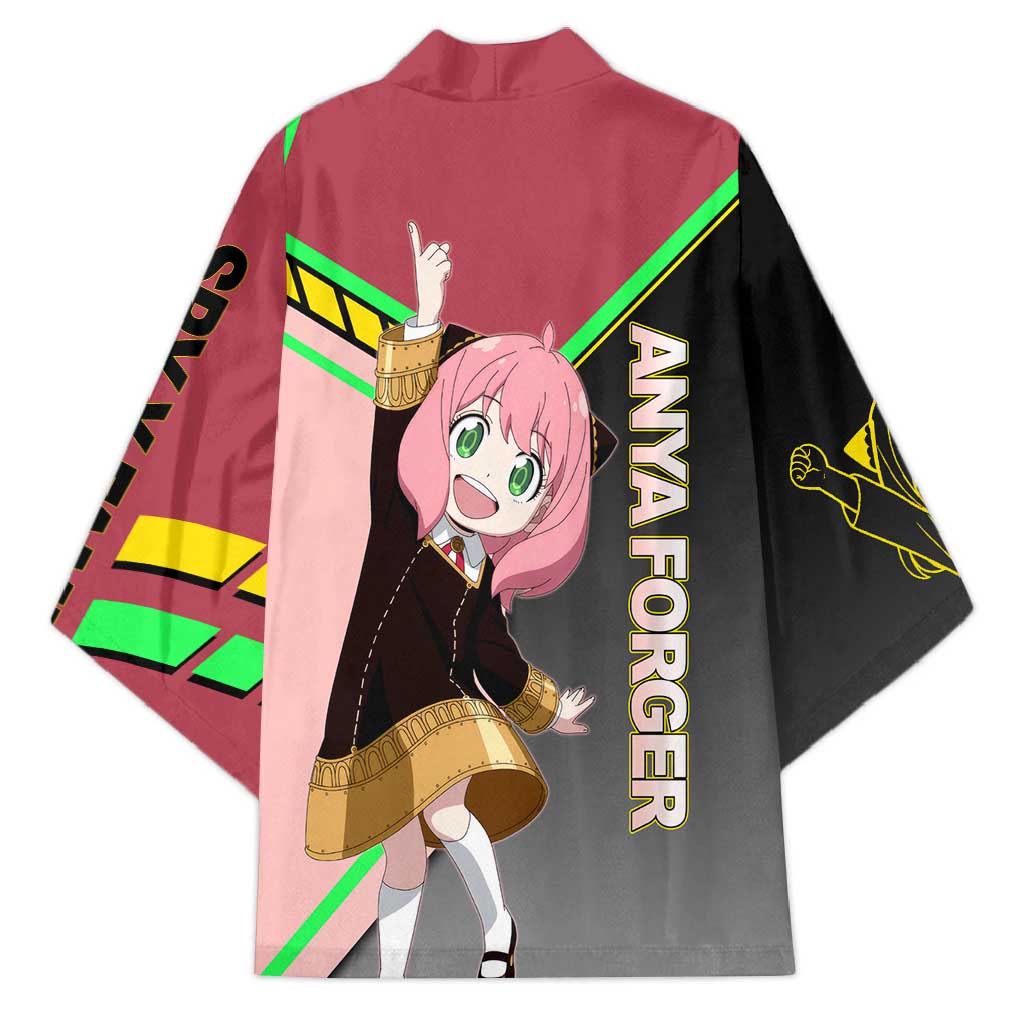 Anya Forger Spy x Family Pink and Black Theme Kimono with Cheerful Pose and Cartoon Style Accents - The Mazicc