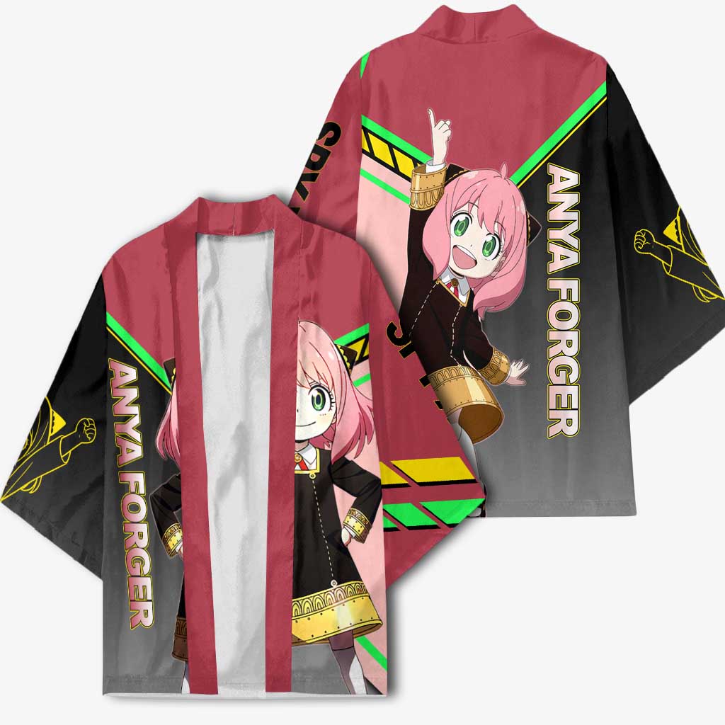 Anya Forger Spy x Family Pink and Black Theme Kimono with Cheerful Pose and Cartoon Style Accents - The Mazicc