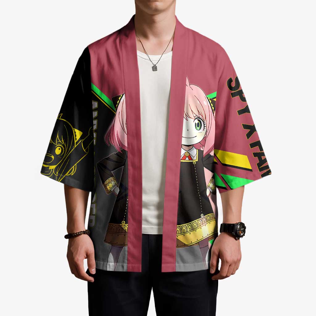 Anya Forger Spy x Family Pink and Black Theme Kimono with Cheerful Pose and Cartoon Style Accents - The Mazicc
