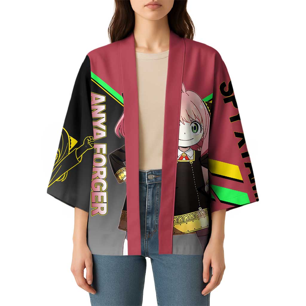 Anya Forger Spy x Family Pink and Black Theme Kimono with Cheerful Pose and Cartoon Style Accents - The Mazicc