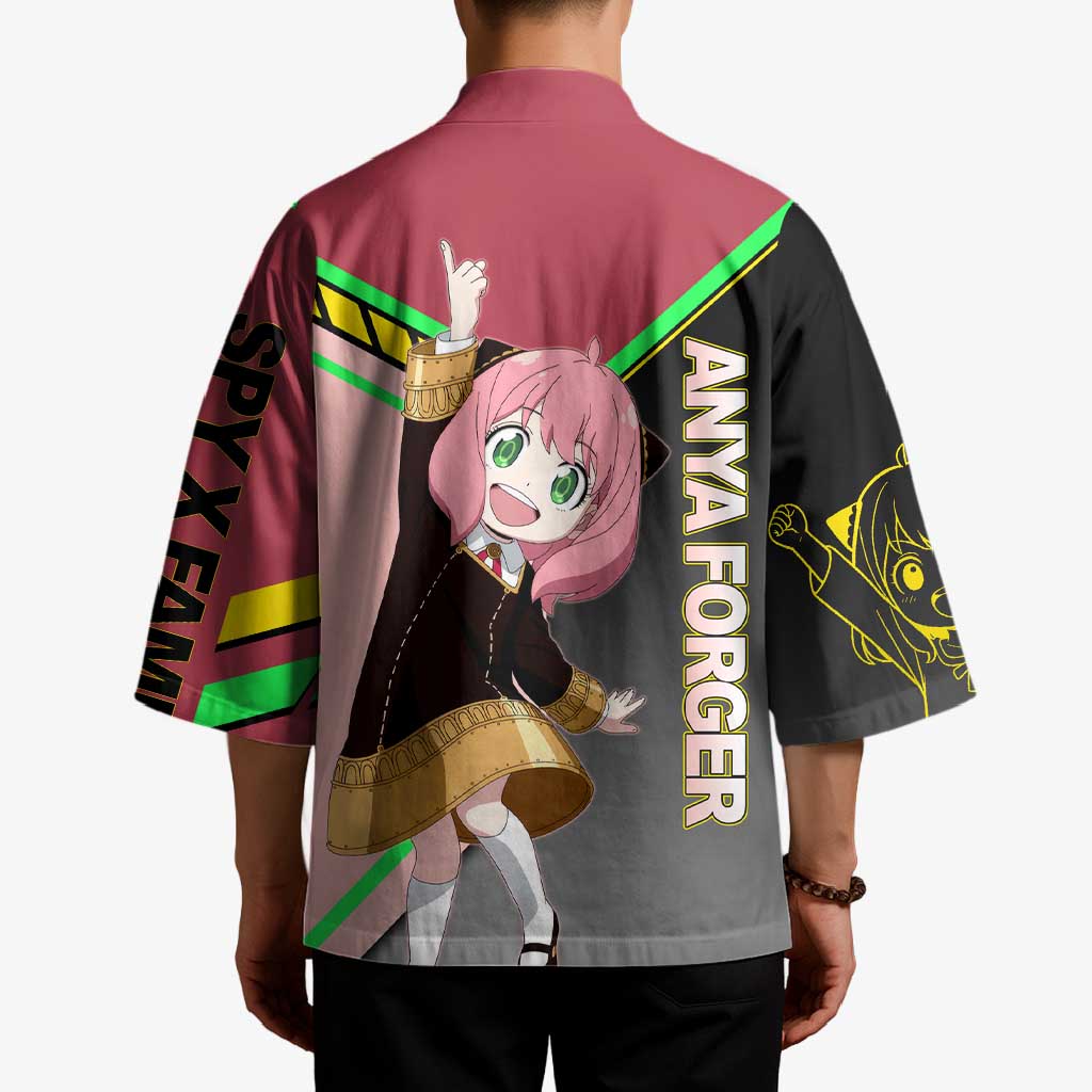 Anya Forger Spy x Family Pink and Black Theme Kimono with Cheerful Pose and Cartoon Style Accents - The Mazicc