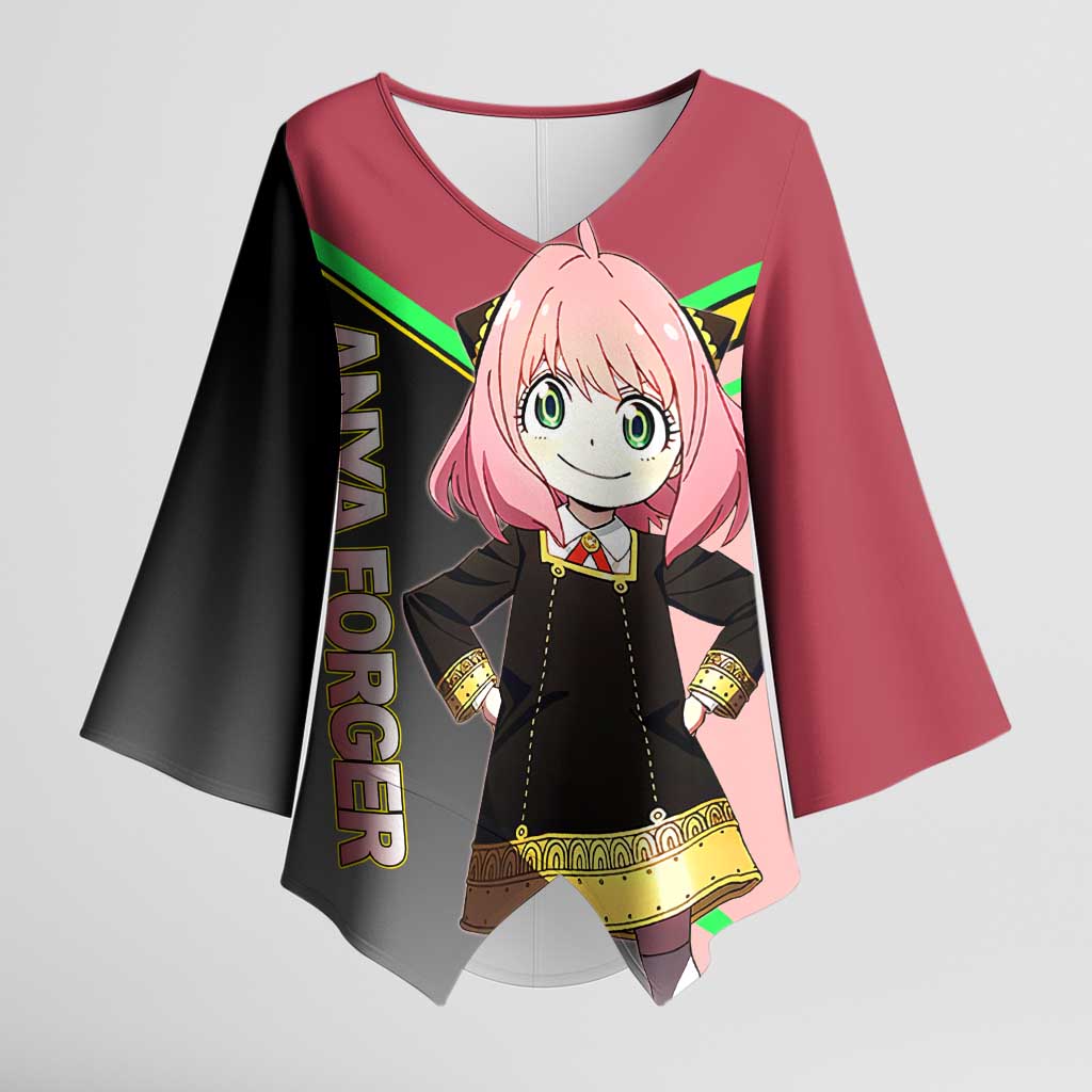 Anya Forger Spy x Family Pink and Black Theme Kimono Sleeve Blouse with Cheerful Pose and Cartoon Style Accents - The Mazicc