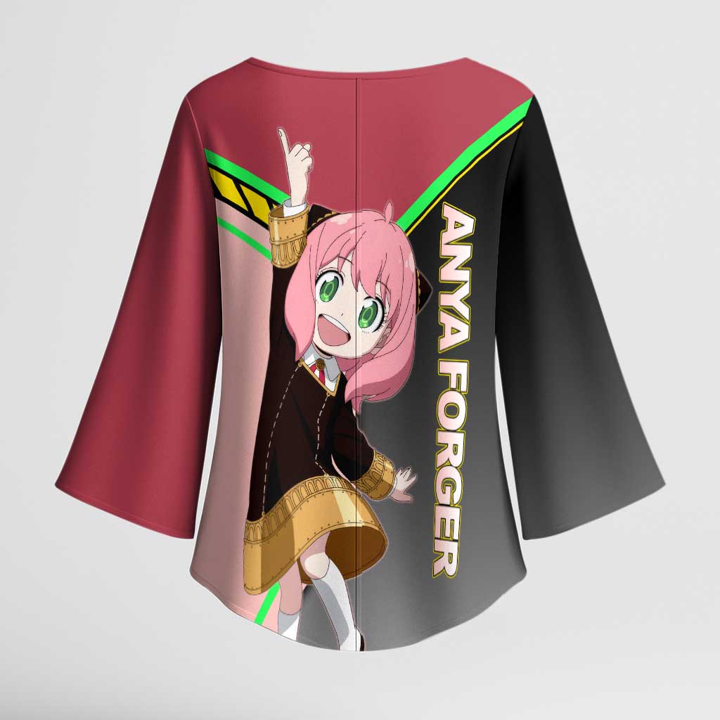 Anya Forger Spy x Family Pink and Black Theme Kimono Sleeve Blouse with Cheerful Pose and Cartoon Style Accents - The Mazicc