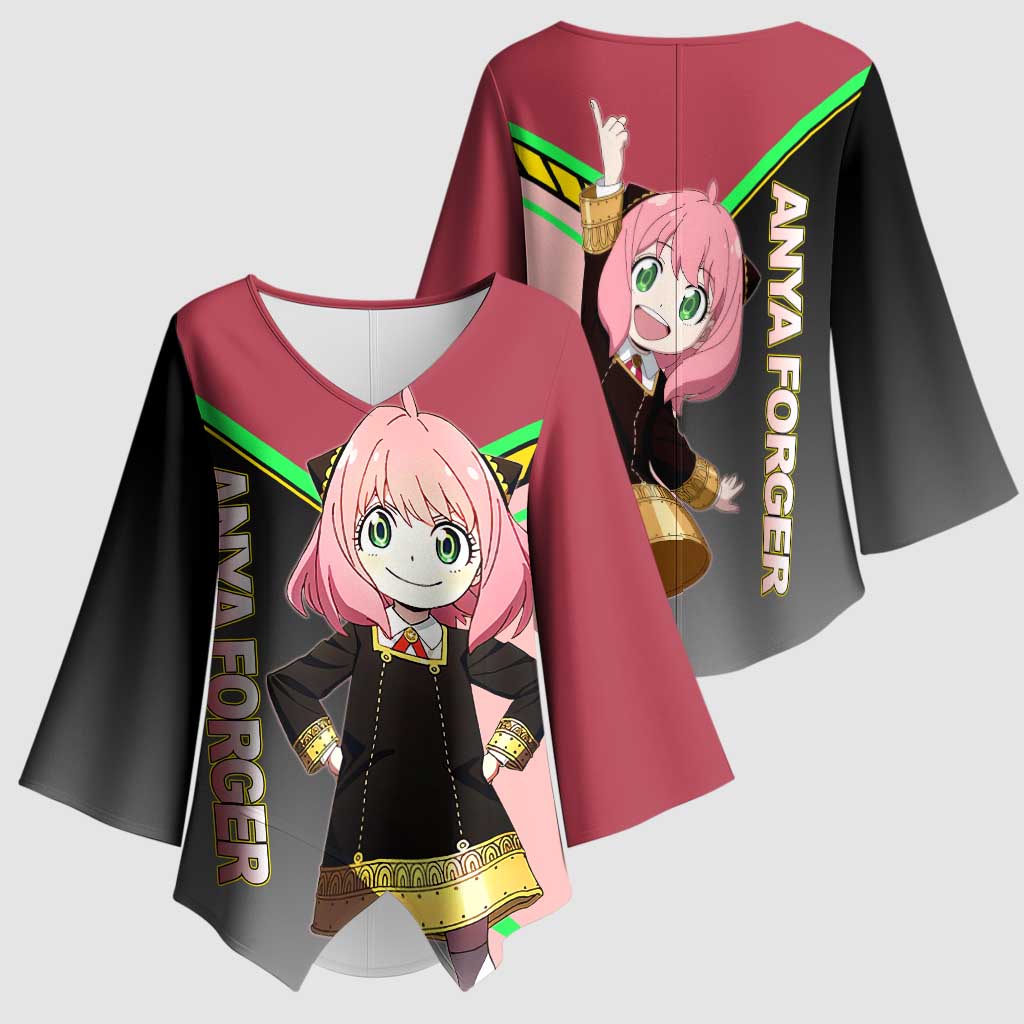 Anya Forger Spy x Family Pink and Black Theme Kimono Sleeve Blouse with Cheerful Pose and Cartoon Style Accents - The Mazicc