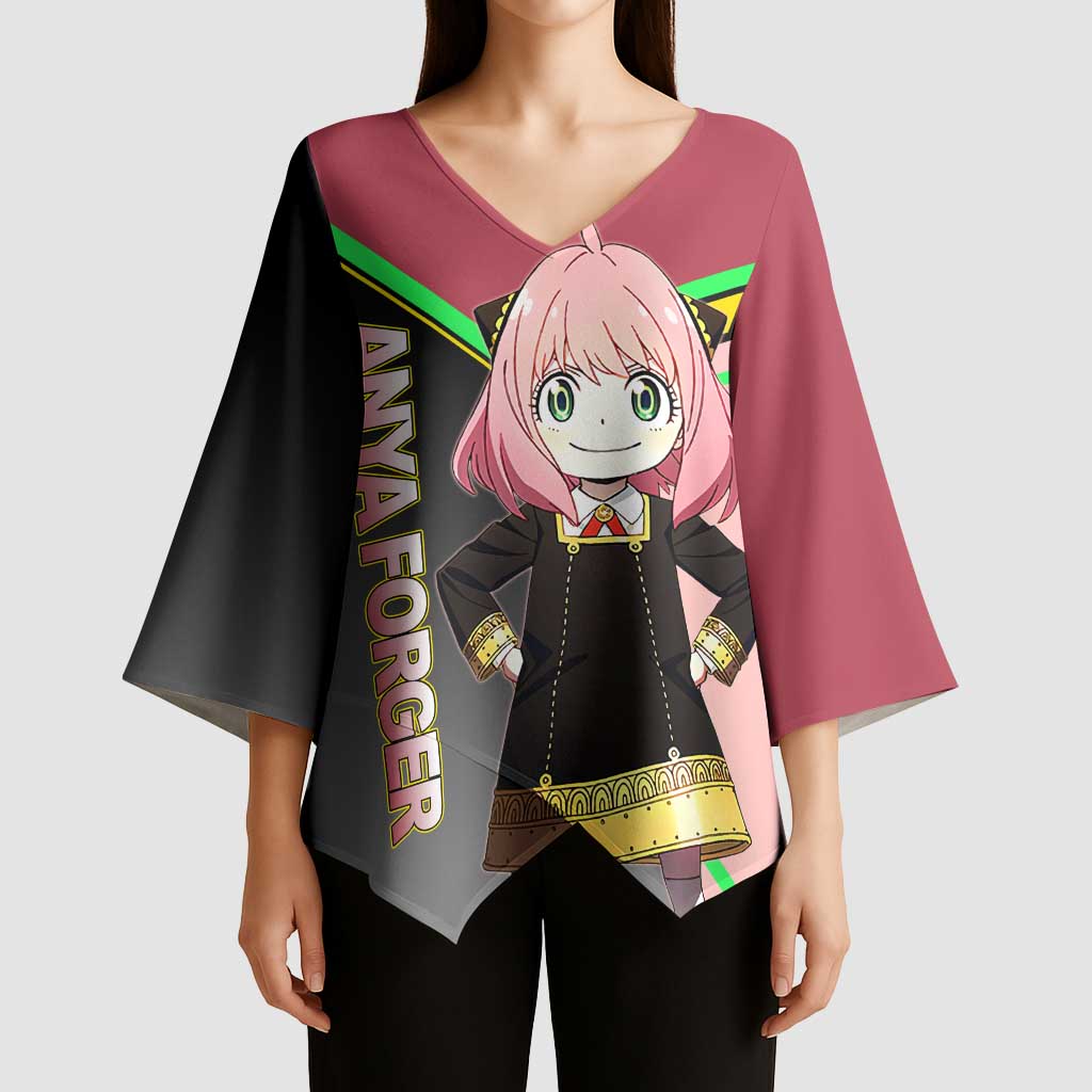 Anya Forger Spy x Family Pink and Black Theme Kimono Sleeve Blouse with Cheerful Pose and Cartoon Style Accents - The Mazicc