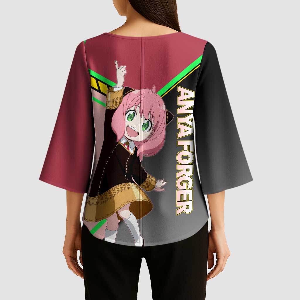 Anya Forger Spy x Family Pink and Black Theme Kimono Sleeve Blouse with Cheerful Pose and Cartoon Style Accents - The Mazicc