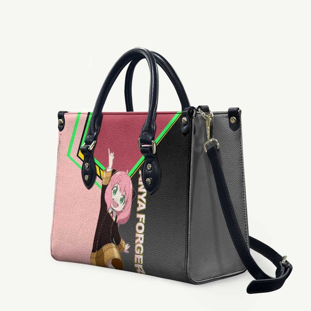 Anya Forger Spy x Family Pink and Black Theme Leather Bag with Cheerful Pose and Cartoon Style Accents - The Mazicc